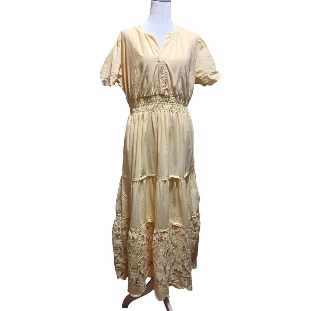 Haute Hippie Style Yellow Tiered Eyelet Maxi Dress Smocked Waist Womens Large